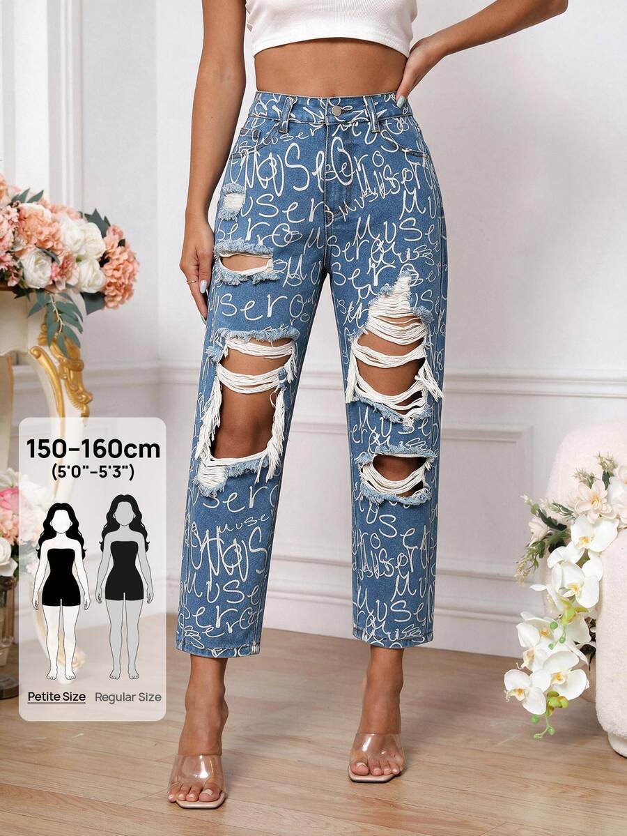 SHEIN PETITE 女款破洞字母印花鈕扣修身時尚牛仔褲 - 藍色 - 查看 1