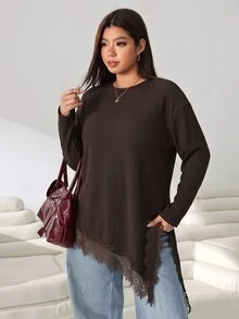 Solflare Plus Size Women's Lace Patchwork Casual Daily Long Sleeve T-Shirt - Brown - View 5