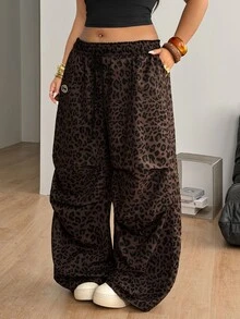 SHEIN CURVE+ Plus Size Women's Spring And Summer Basic Striped Tree Branch Pattern Wide Leg Sports Pants - Brown - View 5