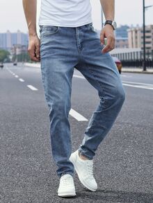 QuarKem 男士休閒水洗錐形直筒牛仔褲 - 淺色水洗藍 - 查看 3