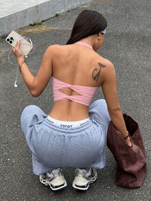 Easithlete Women's Sexy Double Bowknot Halter Yoga Tank Top Open Back Fixed Cups For Gym Training - Pink - View 2