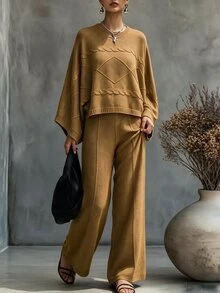 Louniche Autumn/Winter New Elegant Casual Mustard Yellow Twisted Rope Texture Shoulder Batwing Sleeve Short Top Straight Leg Long Pants Daily Commute Women's Fashion Knit Pullover Sweater Two Pieces Set - Yellow - View 9