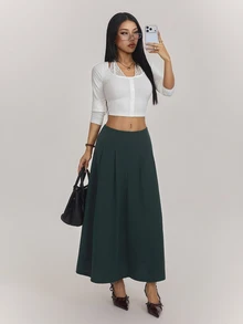 SHEIN PETITE Women's Solid Color Pleated Design Elegant Commuter Skirt - Green - View 7