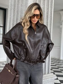 Pariaura Elegant Lapel Zipper Side Pocket Cool Slimming Daily Commute Street Style Jacket Coat Top - Brown - View 4