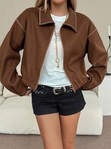 Livesso Women's Fashion Street Maillard Drop Shoulder Jacket - Brown - View 6