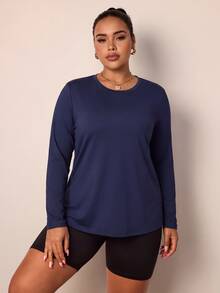 Easithlete Plus Size Women Solid Color Back Cutout Crew Neck Sweatshirt - Navy Blue - View 4