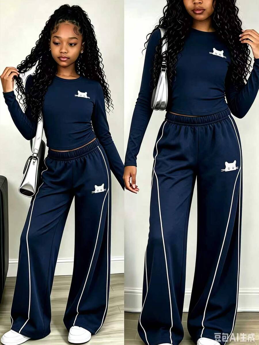 Tween Girls Cat Graphic Long Sleeve Top & Wide Leg Pants Set, Navy Blue (2 Pcs) Fall Winter - Multicolor - View 1