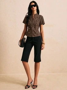 Poéselle Women's Short Sleeve Zip-Up Napoleon Denim Jacket - Brown - View 5