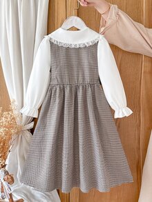 SHEIN Vintaside Kids 女童格紋洋裝 學院風 棕色與白色蕾絲彼得潘領 蝴蝶結鈕扣 長袖圓領 派對秋季婚禮賓客禮服 優雅時尚 - 咖啡 - 查看 2