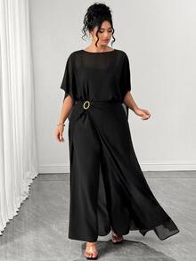 Elenzga Plus Size Autumn Slimming Elegant Banquet Party Evening Gown Black High-End 3 Pieces Set - Black - View 1