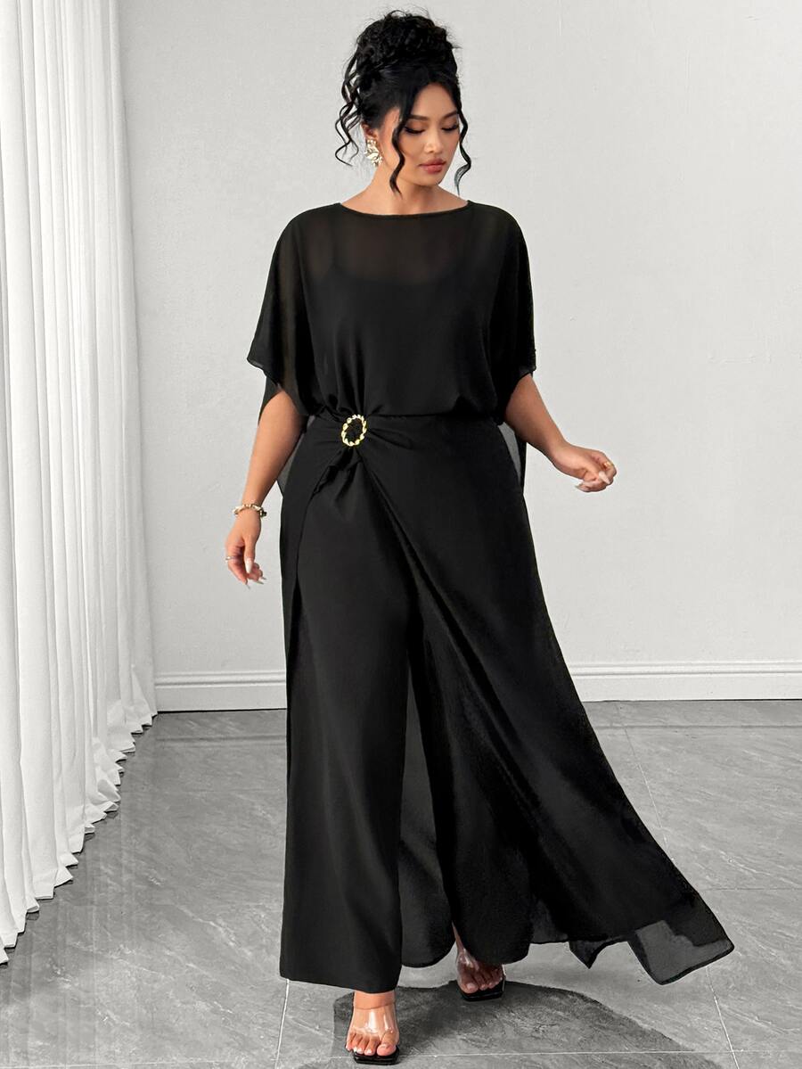 Elenzga Plus Size Autumn Slimming Elegant Banquet Party Evening Gown Black High-End 3 Pieces Set - Black - View 1