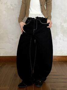 DAZY Women's Loose Casual English Letter Embroidered Korean Style Girl Aesthetic Versatile Jeans - Black - View 5