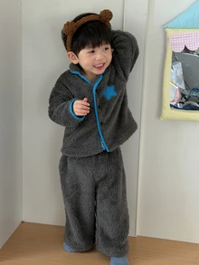 DAZY Infant/Toddler (Boy) Turn-Down Collar Fleece-Feel Autumn/Winter Color-Block 2 Pieces Loungewear Set - Dark Grey - View 4