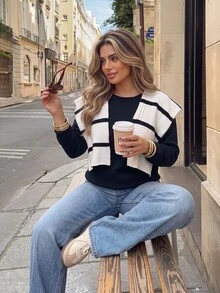 Vionelle Plus Size Women's Fashion Striped Shawl Minimalist Pullover Sweater Casual Autumn/Winter Daily Versatile Top 2 Pieces Set - Multicolor - View 4