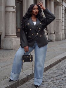 Slaydiva Plus Size Faux Leather Biker Blazer, Gold Zipper Double Breasted Lapel Slim Jacket - Black - View 6