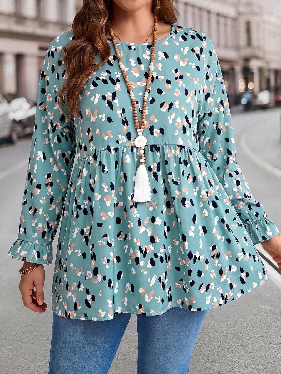 EMERY ROSE Plus Size Allover Print Round Neck Bell Sleeve Blouse Elegant Office Fall Winter 2026 - Mint Green - View 1