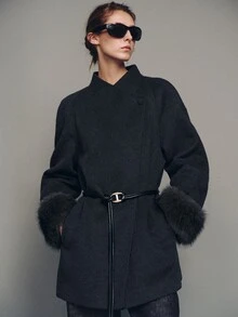 MOTF PREMIUM LAPEL WOOL BELTED MID-LENGTH COAT - Dark Grey - View 5