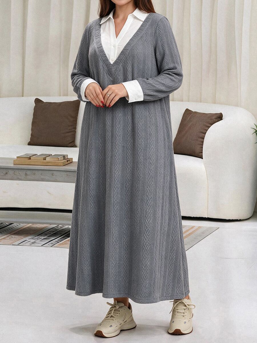 Veilorie Plus Size Women's 2 In 1 Patchwork Casual Everyday Sweatshirt - Grey - View 1