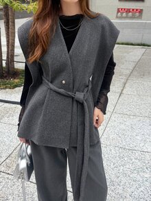 FRIFUL Women's Elegant Casual Grey V-Neck Tie Waist Vest Office Formal Black Winter - Grey - View 2