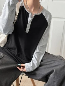 FRIFUL Women's Colorblock Round Neck Button Loose Long Sleeve T-Shirt Everyday School Black Autumn Casual - Grey - View 2