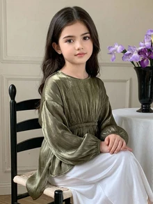 Dazy Kids Tween Girl Fashion Ruched Waist Long Sleeve Blouse - Army Green - View 6