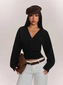 SHEIN PETITE Women's Solid Color Button Fitted Waist Knit Cardigan, Casual Everyday Wear, Autumn/Winter - Black - View 1