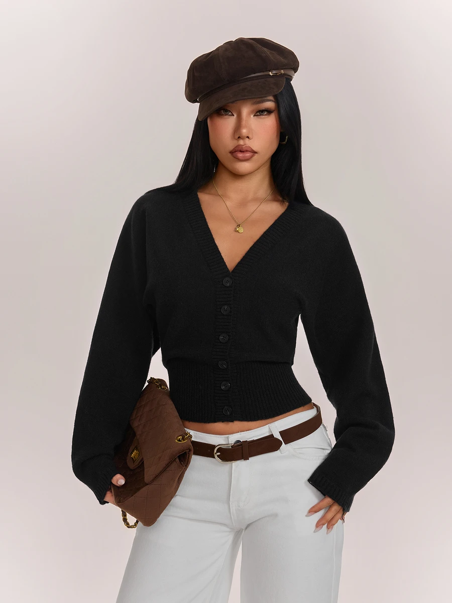 SHEIN PETITE Women's Solid Color Button Fitted Waist Knit Cardigan, Casual Everyday Wear, Autumn/Winter - Black - View 1