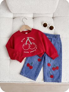 SHEIN 女嬰可愛秋冬休閒花卉印花衛衣與長褲套裝 - 彩色 - 查看 5
