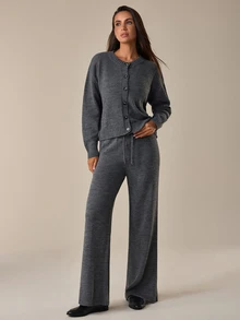 SHEIN طقم ملابس منزلية نسائي من الصوف الناعم – كارديجان بأزرار أمامية & بنطال واسع الساق - رمادي - مشاهدة 6