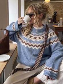 DAZY Women's Blue Round Neck Jacquard Geometric Pattern Loose Drop Shoulder Long Sleeve Pullover Vintage Style Sweater - Blue - View 1