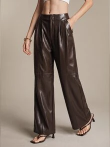 Anewsta Essential Celana Panjang Warna Kopi Musim Gugur, Celana Panjang Wanita PU Modern Modis untuk Perjalanan Santai dan Waktu Luang - Coffee Brown - View 6