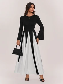 SHEIN Tall Elegant, Oversized, Long, And Wide Black-And-White Color-Block Dress For Tall Muslim Women. - Black - View 6