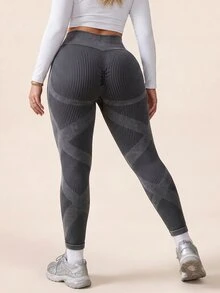 SHEIN Plus Size Women's High Waist Butt Lifting Sports Leggings - Black - View 2