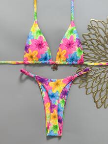 Swim Mod Set Pakaian Renang Bikini Dua Potong Wanita Motif Polkadot Cokelat dan Biru dengan Tali Leher, - MultiWarna - View 6