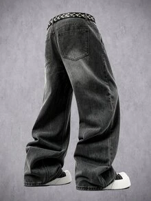 Manfinity Denimwave Men's Letter Patchwork Embroidered Raw Edge Black Washed Denim Straight Wide Leg Pants - Dark Grey - View 2