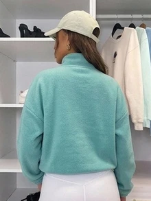 DAZY 女款薄荷綠立領半拉鍊鈕扣字母印花抓絨寬鬆短版長袖運動衫 - 薄荷綠 - 查看 2