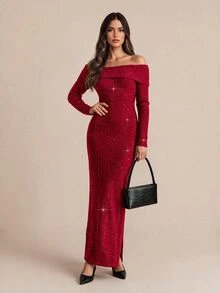 Amorya Women's Off-Shoulder Long Sleeve Sweater Dress - Red - View 1