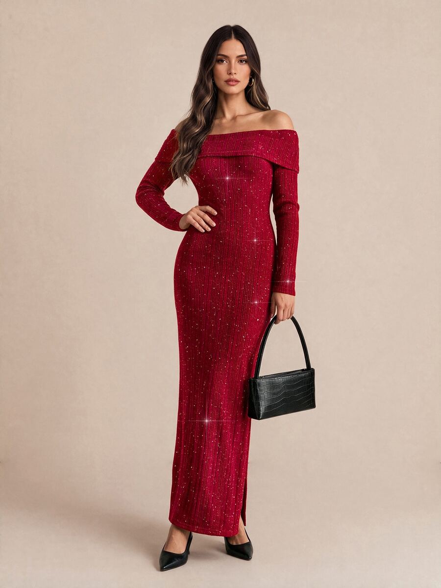 Amorya Women's Off-Shoulder Long Sleeve Sweater Dress - Red - View 1