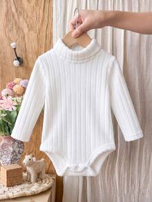 SHEIN 女嬰高領加厚刷毛彈性貼身長袖連身衣，適合冬季 - 白色 - 查看 1
