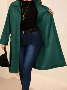 EMERY ROSE Plus Size Country Outfits Women Corduroy Double Pocket Button Placket Midi Coatan,Fall Women Clothes - Dark Green - View 6