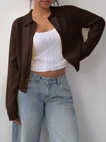 SHEIN BASICS 女款休閒素色長袖寬鬆短版開襟針織外套 秋季開學季校園風 淡黃色 教師辦公室日常穿搭 - 咖啡棕 - 查看 5