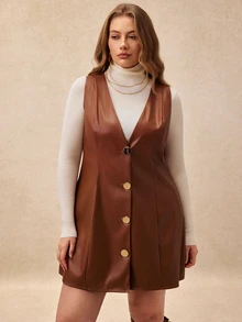 Écloséra Curve Women's Plus Size Autumn/Winter Solid Brown PU Leather Fashion Minimalist Front Button Cinched Waist A-Line Dress, Suitable For Commuting, Shopping And Other Daily Occasions - Brown - View 5