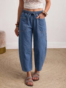 EMERY ROSE Plus Size Women's Drawstring Waist Pocket Casual Everyday Denim Jeans - Blue - View 3