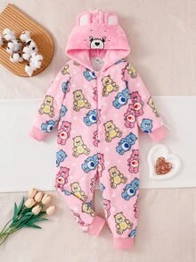 SHEIN X Care Bears GraphicGems 秋冬雙面法蘭絨保暖內裡加厚女童連身衣，聯名可愛卡通熊與星星印花，精緻熊帽附刺繡與3D耳朵設計，拉鍊開合，長袖長褲居家休閒服 - 粉色 - 查看 8