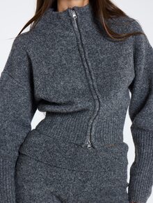 MUSERA Grey Knitted High Neck Zip Up Cardigan Jacket Fall Winter Women Outfit Casual - Dark Grey - View 5