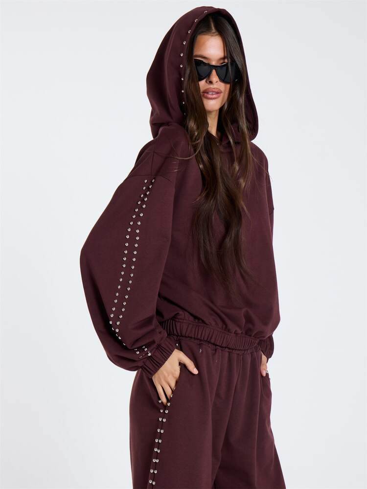 MUSERA Brown Stud Detail Long Sleeve Hoodie Fall Winter Women Outfit Casual - Burgundy - View 3