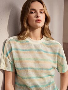 Nima Coro Kaos Kasual Serbaguna Wanita Lengan Pendek Leher Bulat Motif Garis-garis untuk Musim Panas - Mint Green - View 3
