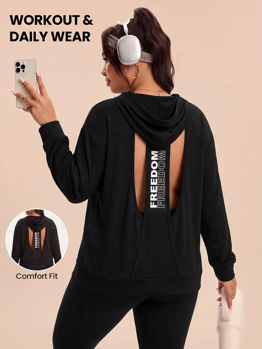 Easithlete Plus Size Women's Back Letter Print Cutout Long Sleeve Hooded Sweatshirt - Black - View 1