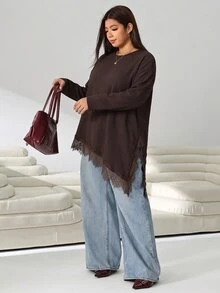 Solflare Plus Size Women's Lace Patchwork Casual Daily Long Sleeve T-Shirt - Brown - View 3