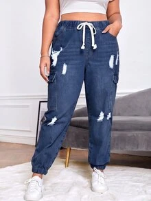 SHEIN ICON Plus Size Fashion Drawstring Waist Pocket Distressed Denim Jeans - Dark Wash - View 4